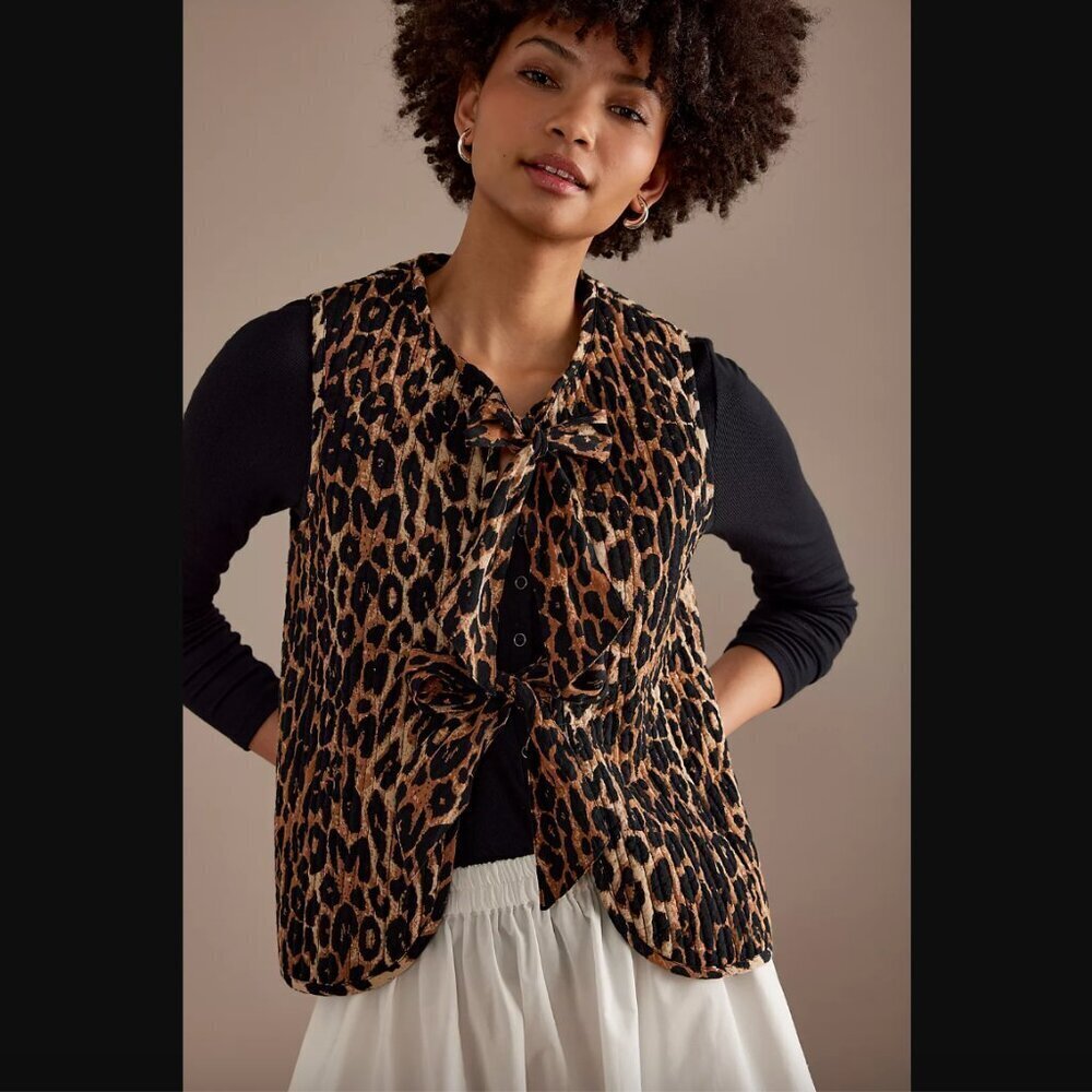 Damson Madder Tilly Leopard Print Quilted Tie-Front Gilet Vest UK 6 / US 2